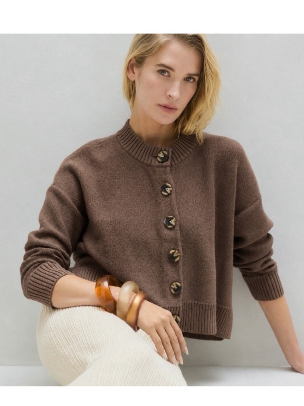 Quince 100% Organic Cotton Cropped Cardigan Boxy Sweater Heather Brown Size XS